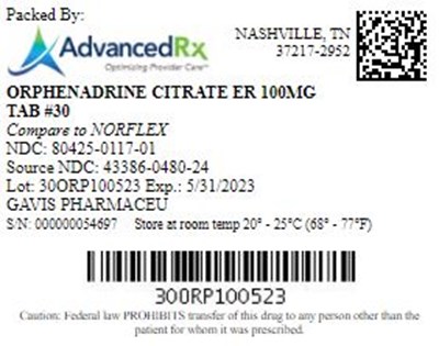 Ophenadrine Citrate Er 100mg Tab Qty 30 Ndc 80425 0117